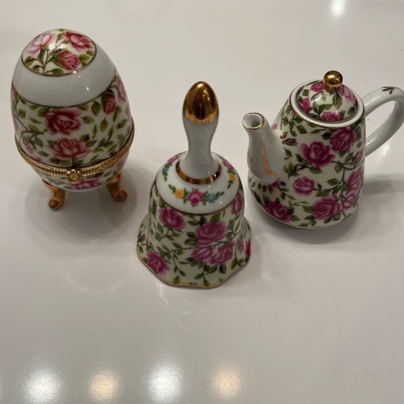 Vintage 3-Piece Mini Porcelain Set Bell, Teapot Egg Trinket Box Floral Small GUC - Picture 1 of 16